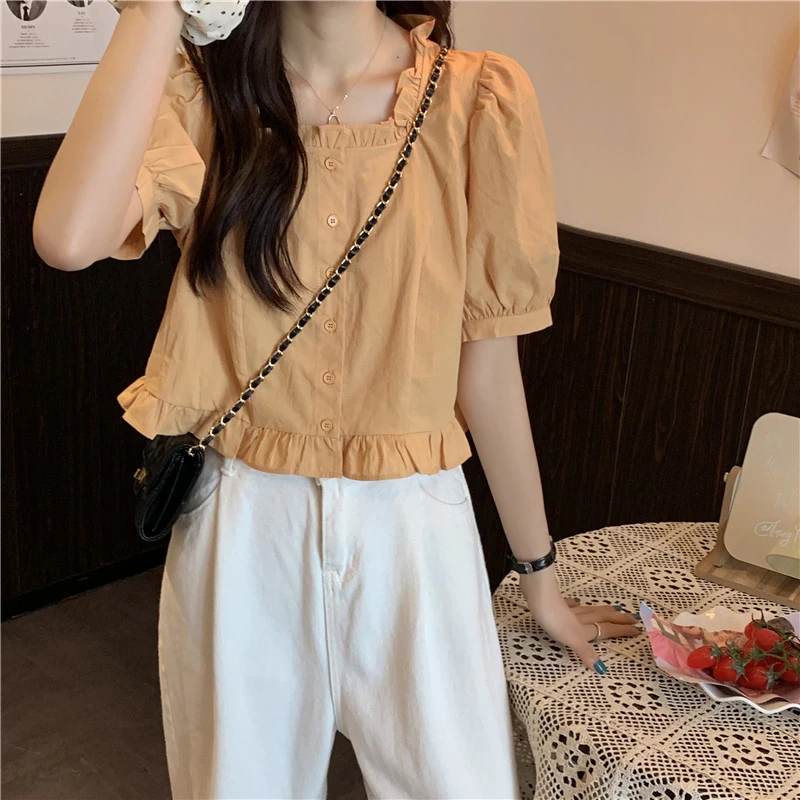 Women Sweet Ruffles Shirt Summer New Puff Short Sleeve Female Blouse Button Fashion All Match Square Collar Ladies Crop Tops