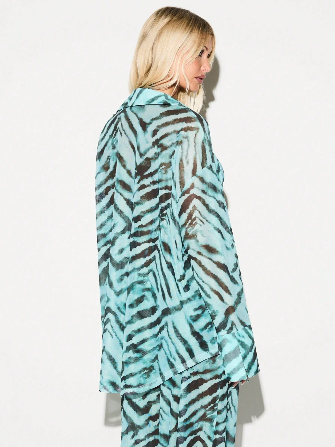 

Women Oversized Zebra Print Mesh Beach Shirt Long Sleeve Button Down Vacation Resort
