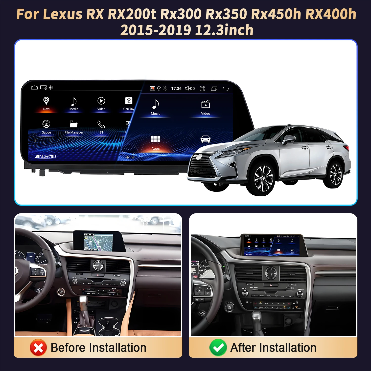 12.3 inch Android 14 Carplay GPS For Lexus RX RX200t Rx300 Rx350 Rx450h RX400h 2015-2019 Car Radio Snapdragon 685 Touch Screen