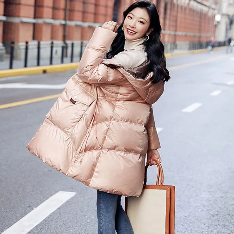 New Women Korean Down Jacket Fashion Snow Winter Warm White Duck Down Jacket Female Casual Irregular Shiny Hooded Parka Overcoat