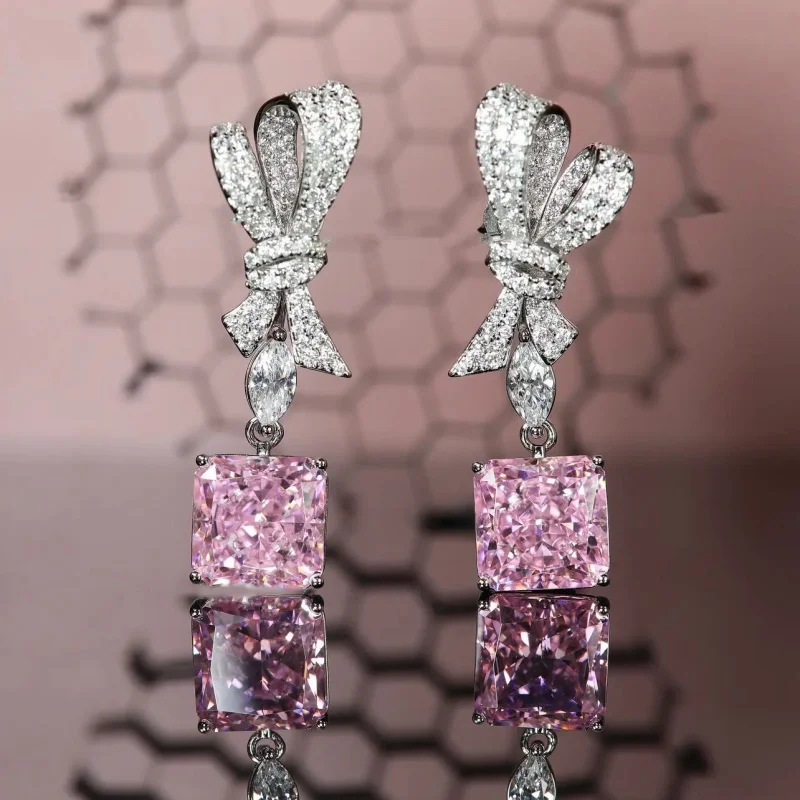 High -end jewelry yellow diamond Rendanne earrings earrings Super glittering powder Diamond ice flower cut diamond bows earrings