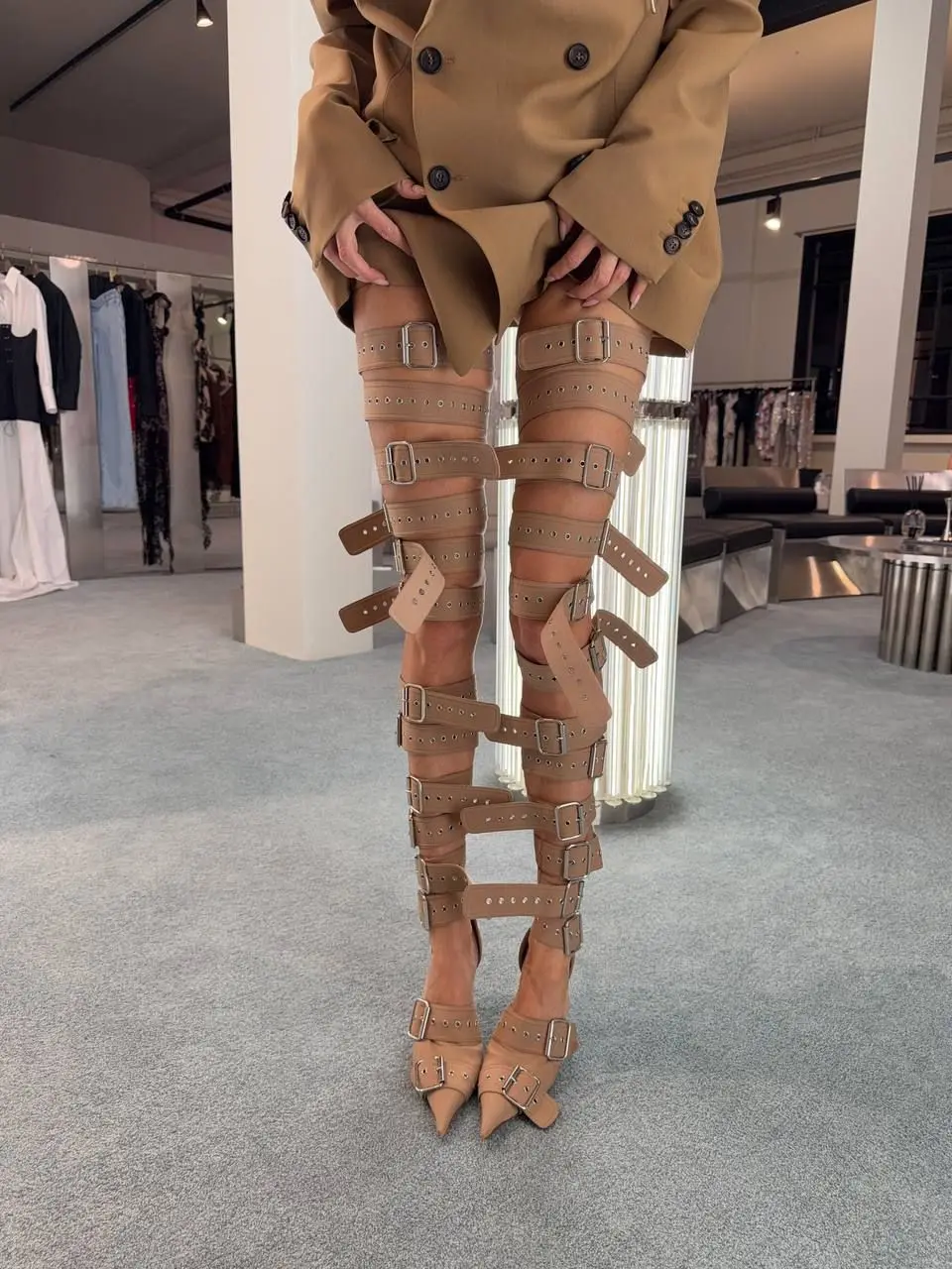 

New Women's Khaki Sexy Pointed Toe High Heel Boots Multiple Buckle Belts Decor Punk Style Fashion Street Runway Party Pumps