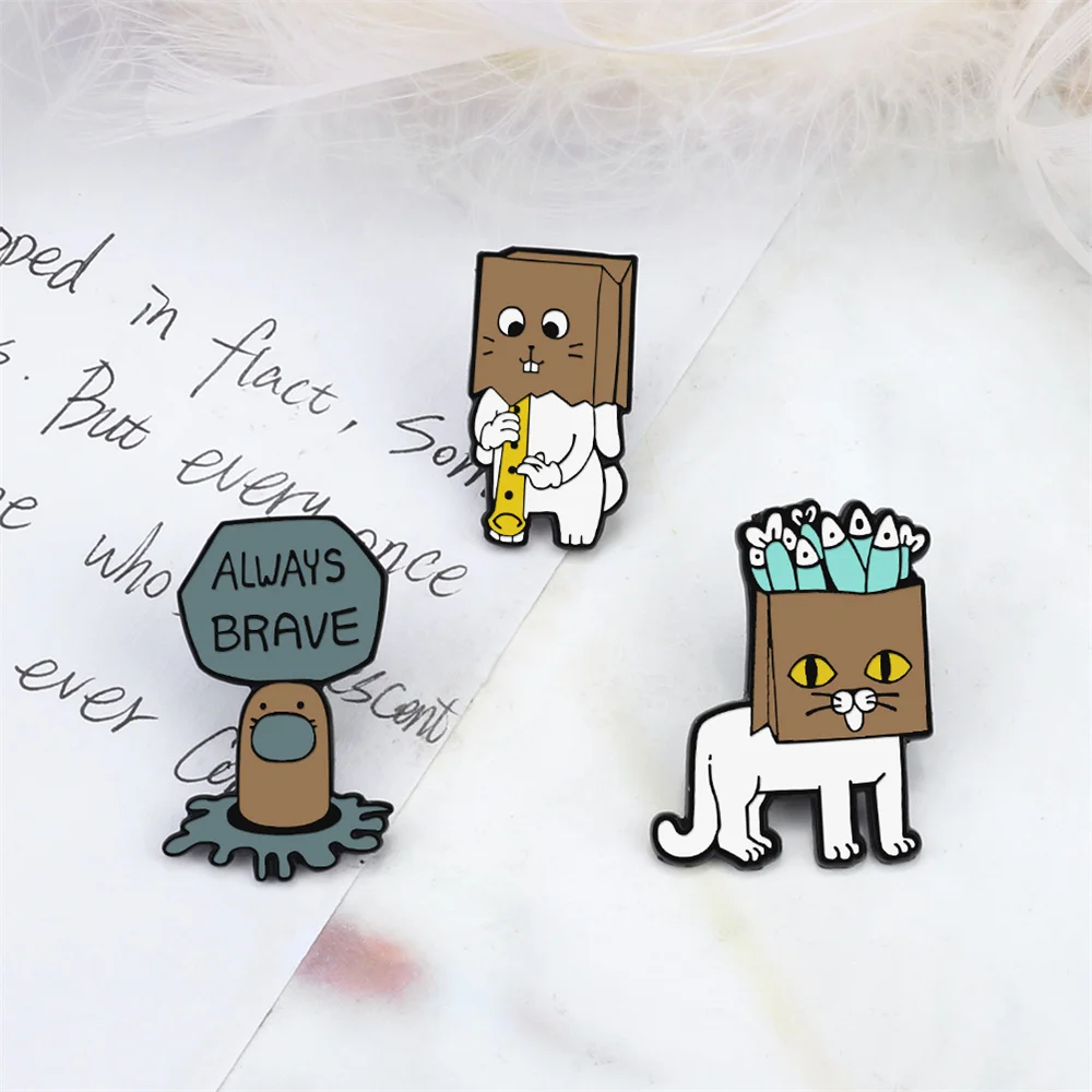 Funny Creative Cats Mole Enamel Pin ALWAYS BRAVE Badge Dried Fish Paper Bag Kitten Animal Brooches Denim Shirt Lapel Pin Jewelry image 4