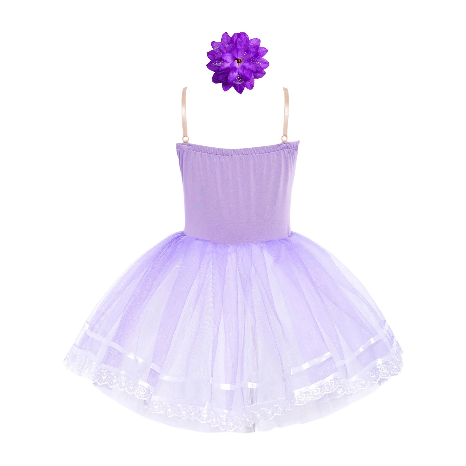 เด็กสาวบัลเล่ต์ชุดแขนกุดปรับสายรัดลูกไม้ Trim Layered Tulle Tutu ชุด + Headwear ชุดเต้นรําเครื่องแต่งกาย