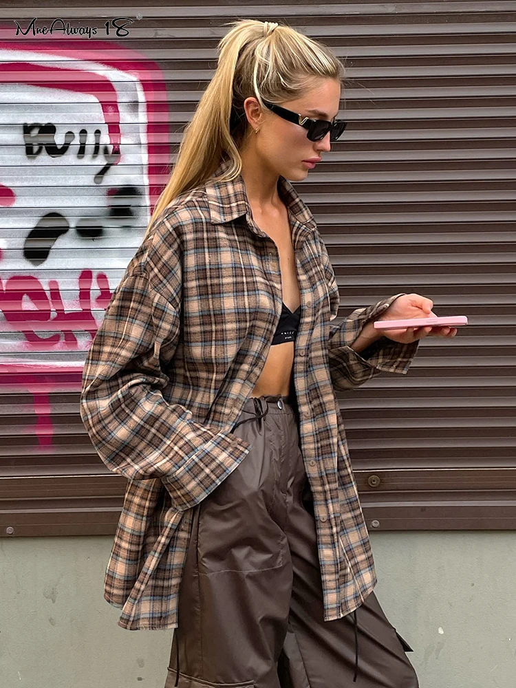 Mnealways18 Vintage Plaid Shirts Women Loose Gingham Female Blouse Spring 2024 Button Top Shacket Oversized Long Shirts Ladies