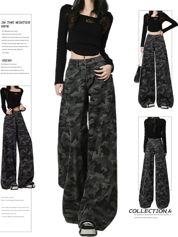 

Женские джинсы больших размеров в американском ретро-стиле с камуфляжным принтом, широкие, свободные, прямые, с высокой талией, рабочие брюки, летняя новинка
