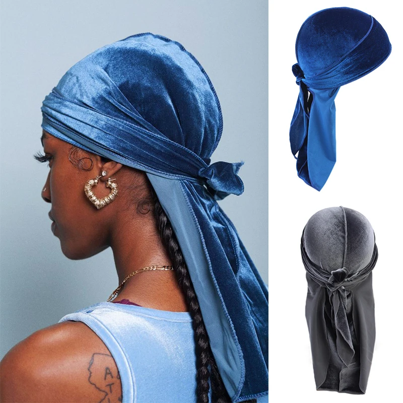 Neue Unisex einfarbige weiche Samt Longtail Piraten hut atmungsaktive Bandana Durag lange Band Cape Baotou Stirnband du-Rag