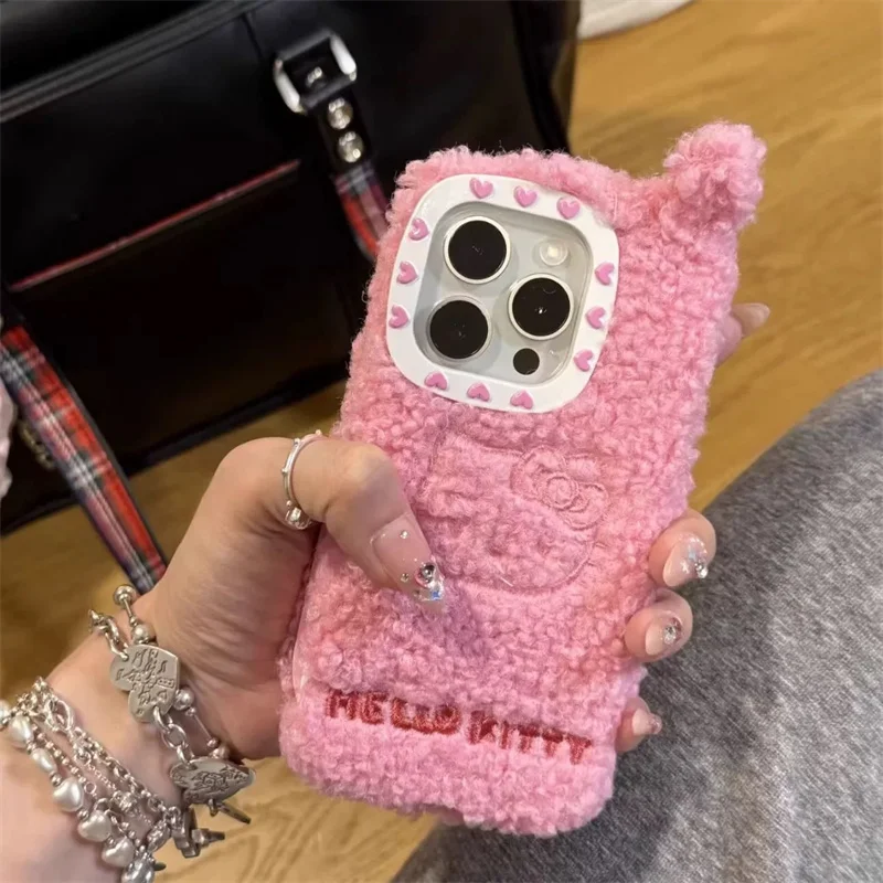 Cute Plush Pink Hello Kitty Mirror What About Cashmere Wool Warmth Flip Phone Case For iPhone 16 15 13 Pro Max KT furry Protect