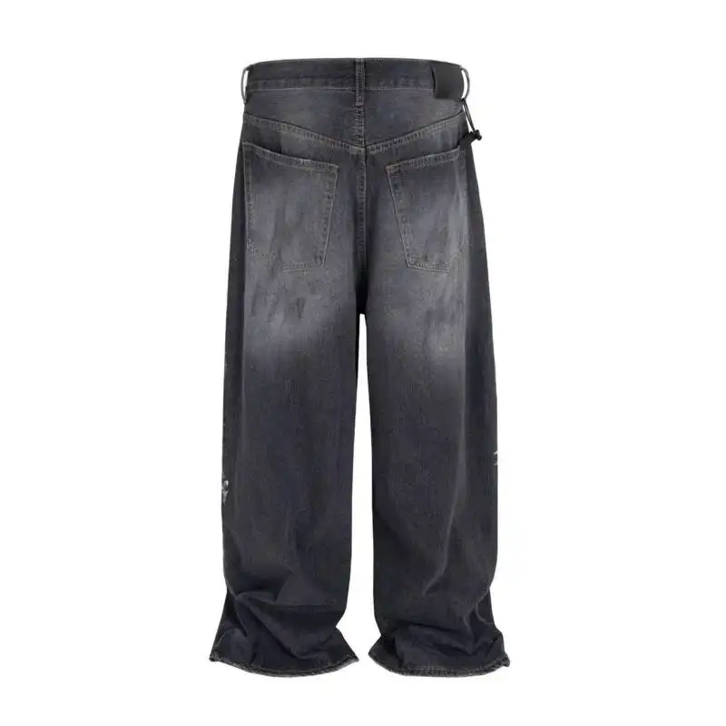 Black Grey Washed Distressed Men's Baggy Jeans Splatterdye Denim Long Pants Loose High Street Wide Leg Trousers B4YP
