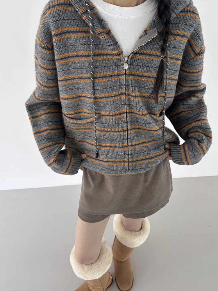 

Retro American Color Blo Striped Hoodie Knitted Sweater Coat Women's Autumn Winter New Sle Aosphere Clothing Loose Fit