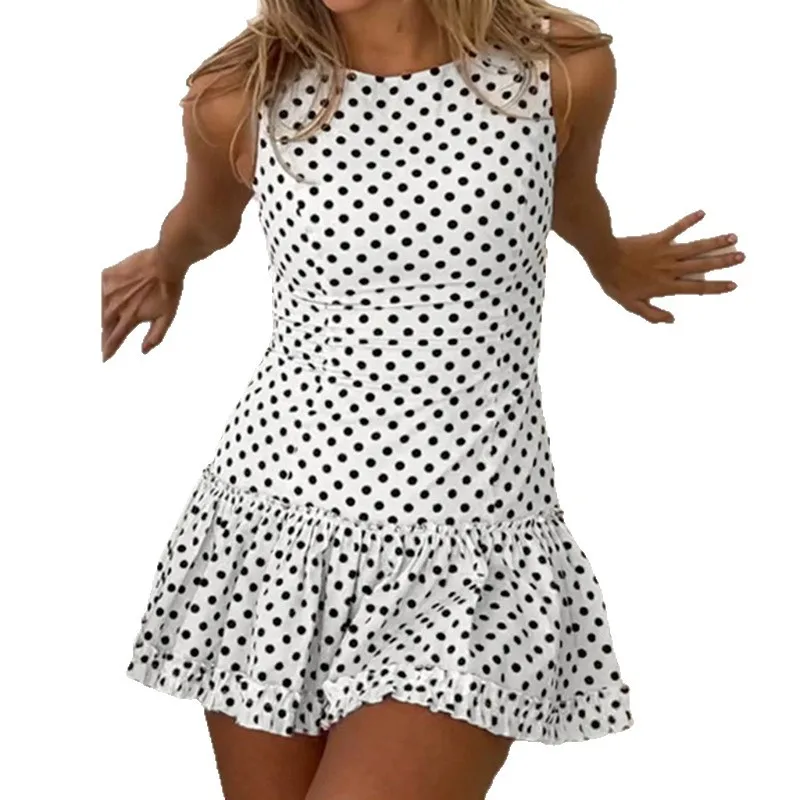 Verão feminino babados hem vestido de bolinhas impressão mini vestido feminino sem mangas casual o-pescoço a linha festa praia vestidos clubwear