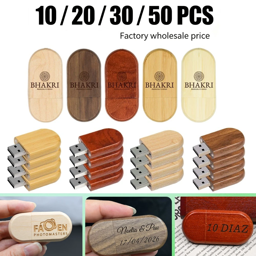 10/20/30/50pcs Pieces Free Customizable Logo USB Flash Drive 2.0 Wooden Pendrive 32GB Memory Stick Wedding Gift Laser Engraving