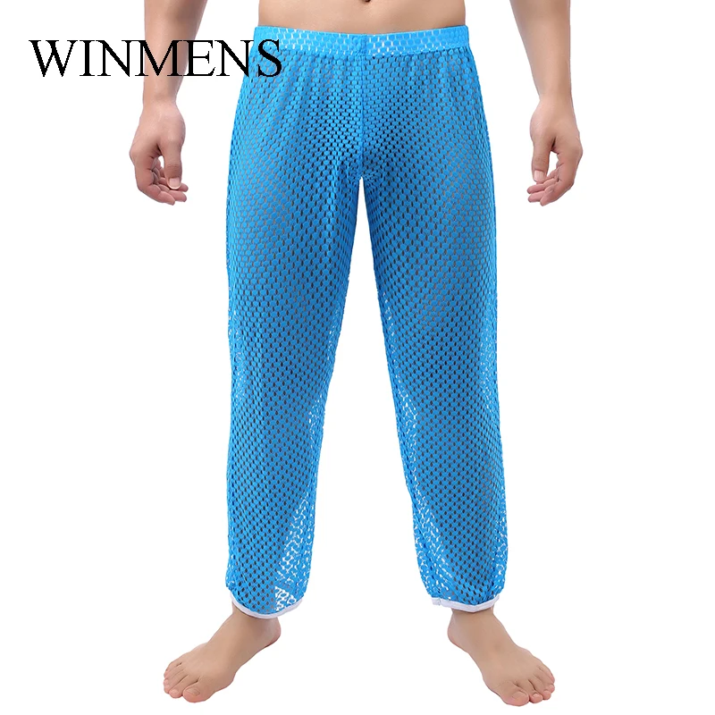 Men's Fishnet Night Trousers Super Elastic See Inner Male Pajama Pants Cut-outs Mesh Transparent Sleep Bottoms Summer Loungewear