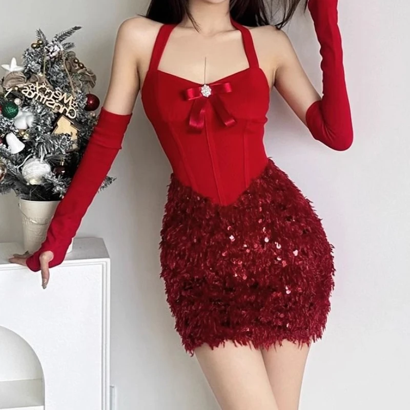 Pure Desire Sexy Bow Sequin Hanging Neck Dress, Women's Waist Cinching Slimming Short Skirt