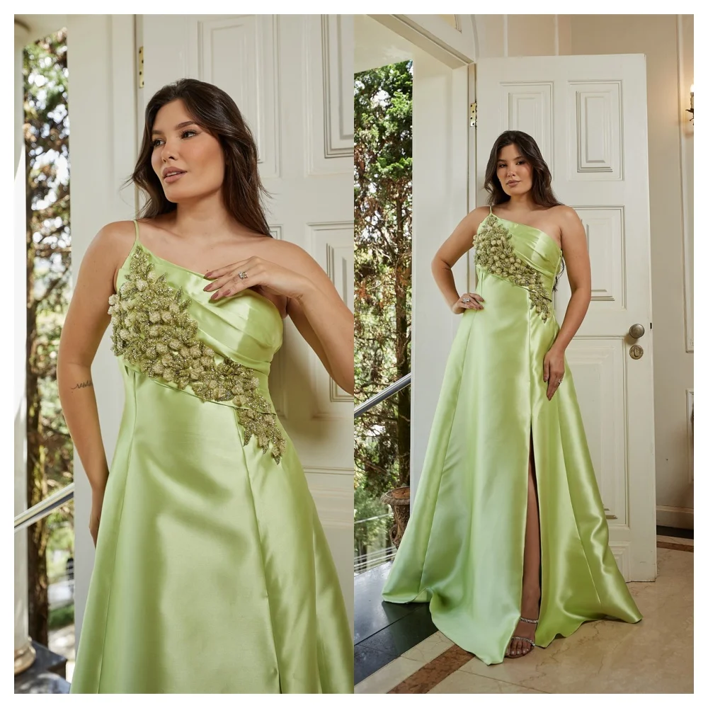 Customized Delicate Green Satin Evening Dress Exquisite One Shoulder Spaghetti Straps Sleeveless Party Dress Soft Cel