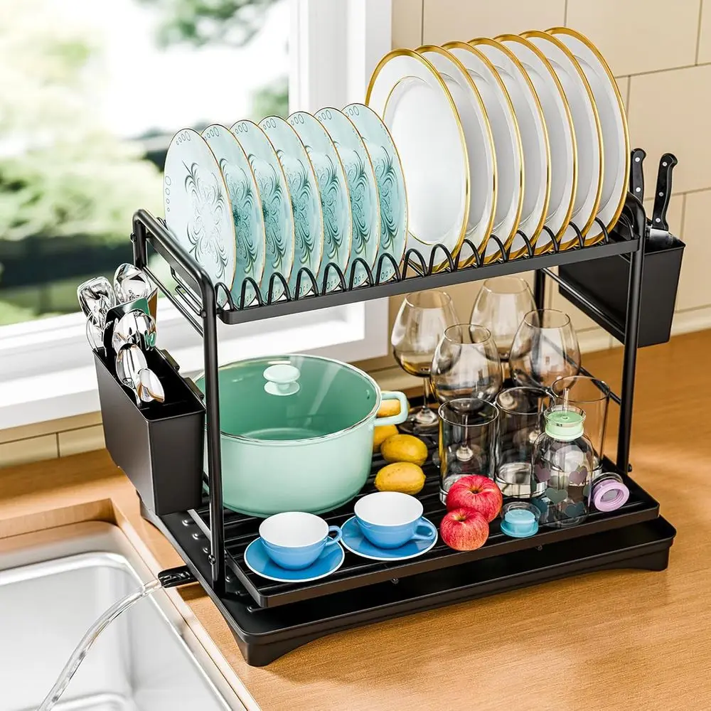 

Dish Drying Rack, 2-Tier Dish Rack or Kitchen Counter, Large Dish Drainers Sink Organizers and Storage, Black