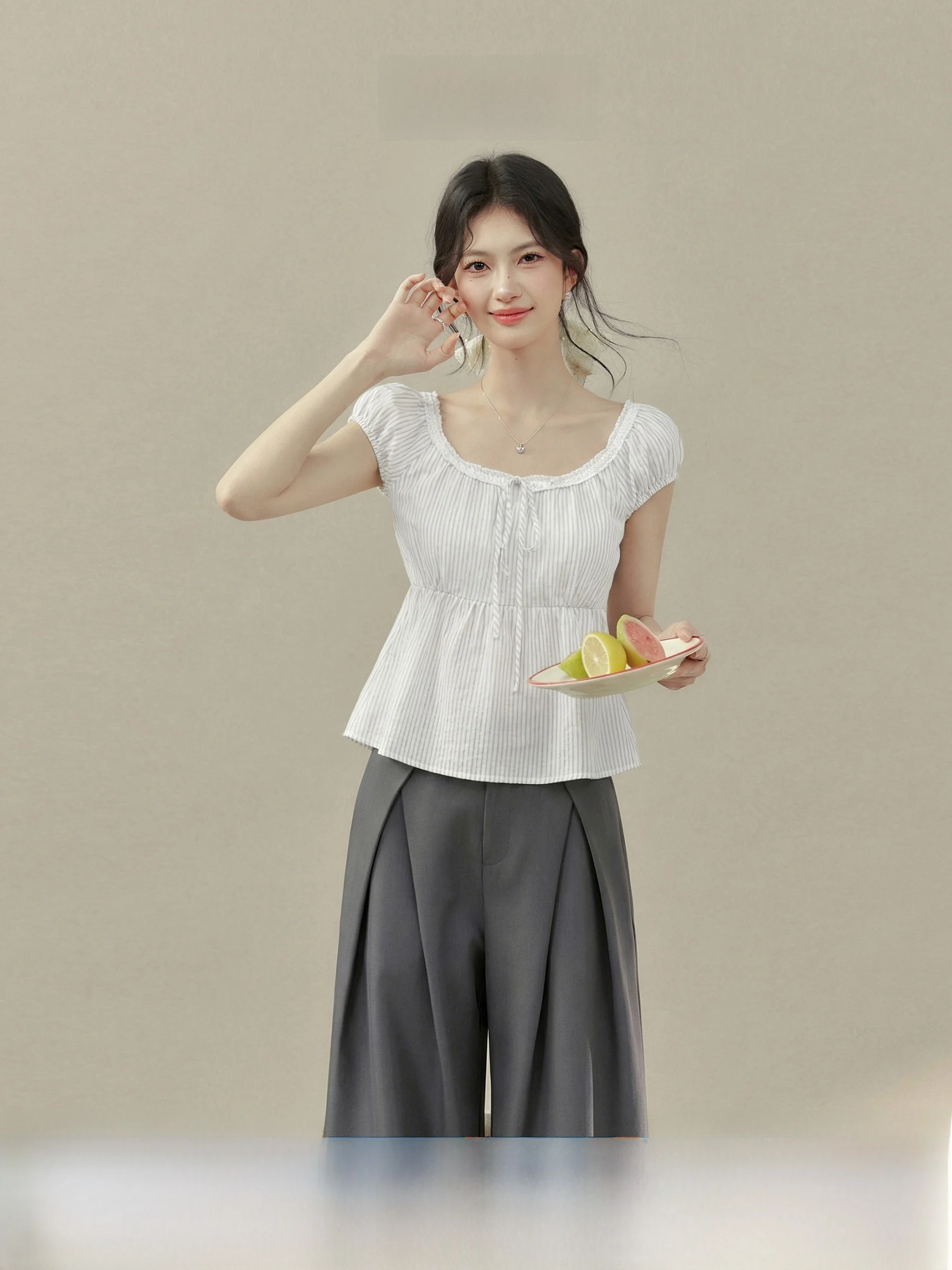 

Blue White Striped Bubble Sleeve Shirt Women's Short Sleeve U-Neck Floral Trim Shirt Korean Style Slim Fit Commute Style