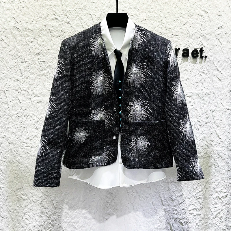 

Осенне-зимняя дизайнерская куртка с вышивкой, мужская персонализированная модная свободная короткая куртка с круглым вырезом, повседневные социальные пальто