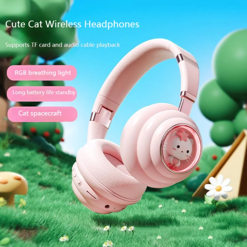

Cat Wireless Headphones Bluetooth 5.3 RGB Breathing light Support Audio Cable TF Card Playback Capsule Headset For Girls Gift