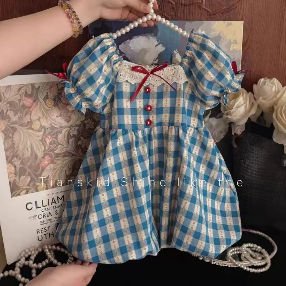 

2026 Summer New Korean Edition Dress Retro Blue Checkered Bow Design Dress Elegant Princess Dress