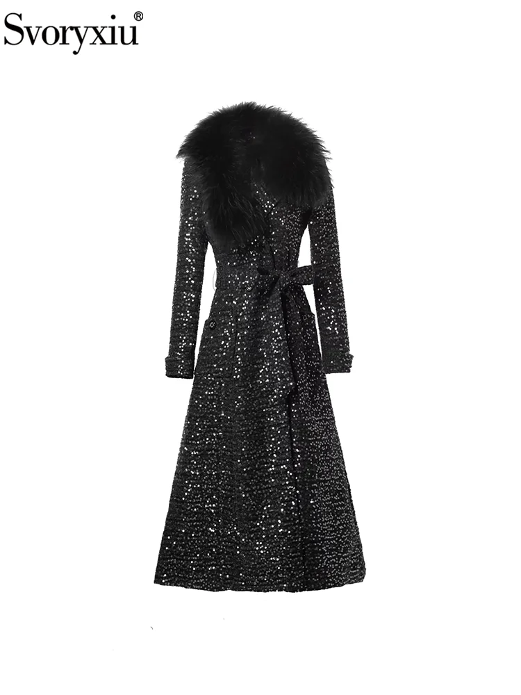 Svoryxiu Fashion Runway Winter Outdoors Black Ankle-Length Overcoat Women's Fur Turn-down Collar Gorgeous Sequins Overcoat