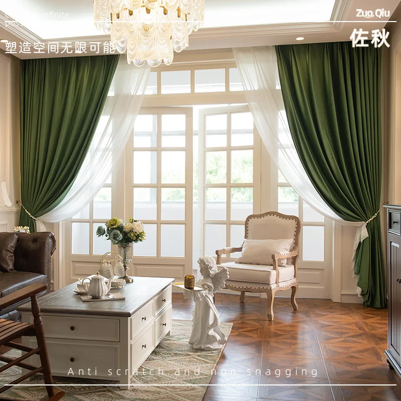 Custom Size Dark green Velvet Curtains for Living Dining Room Bedroom Blackout Window Decor White Tulle Luxury Blackout Elegant