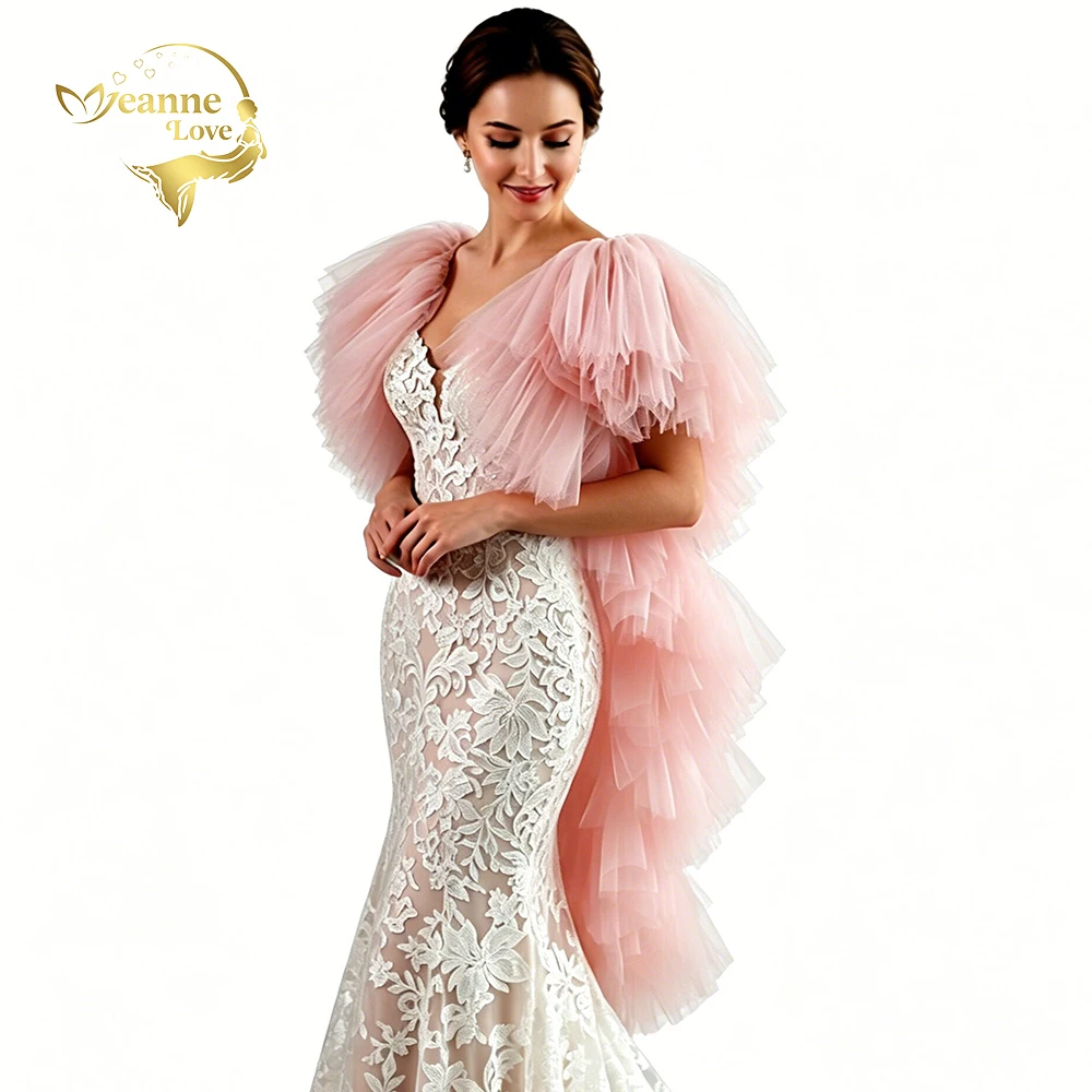 Detachable Ruffle Tulle Shoulder Cape Shawl Tiered Long Pink Bridal Wrap Puffy Removable Tulle Shrug for Wedding Evening Dress