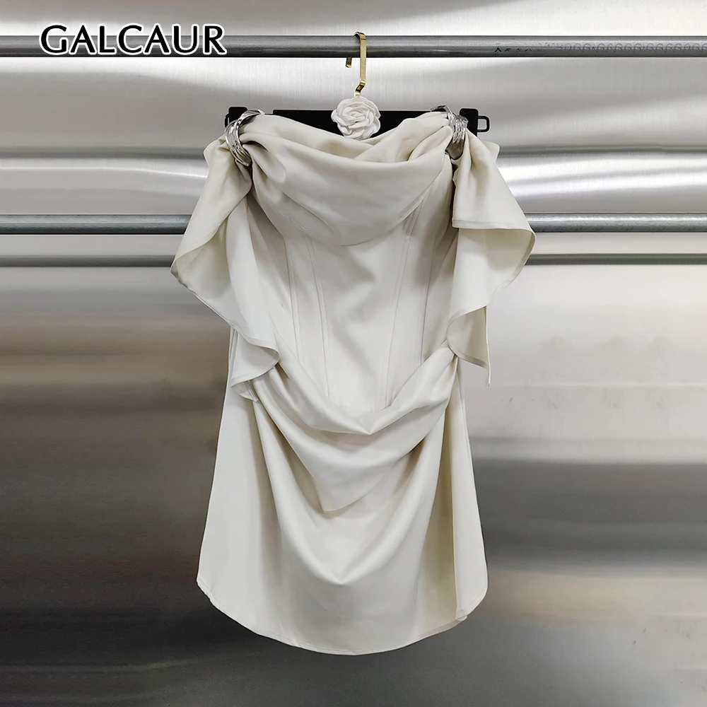 GALCAUR Solid Spliced Pleat Slim Mini Dress for Women Off Shoulder Short Sleeve Patchwork Zipper  Dresses Female Fashion Style