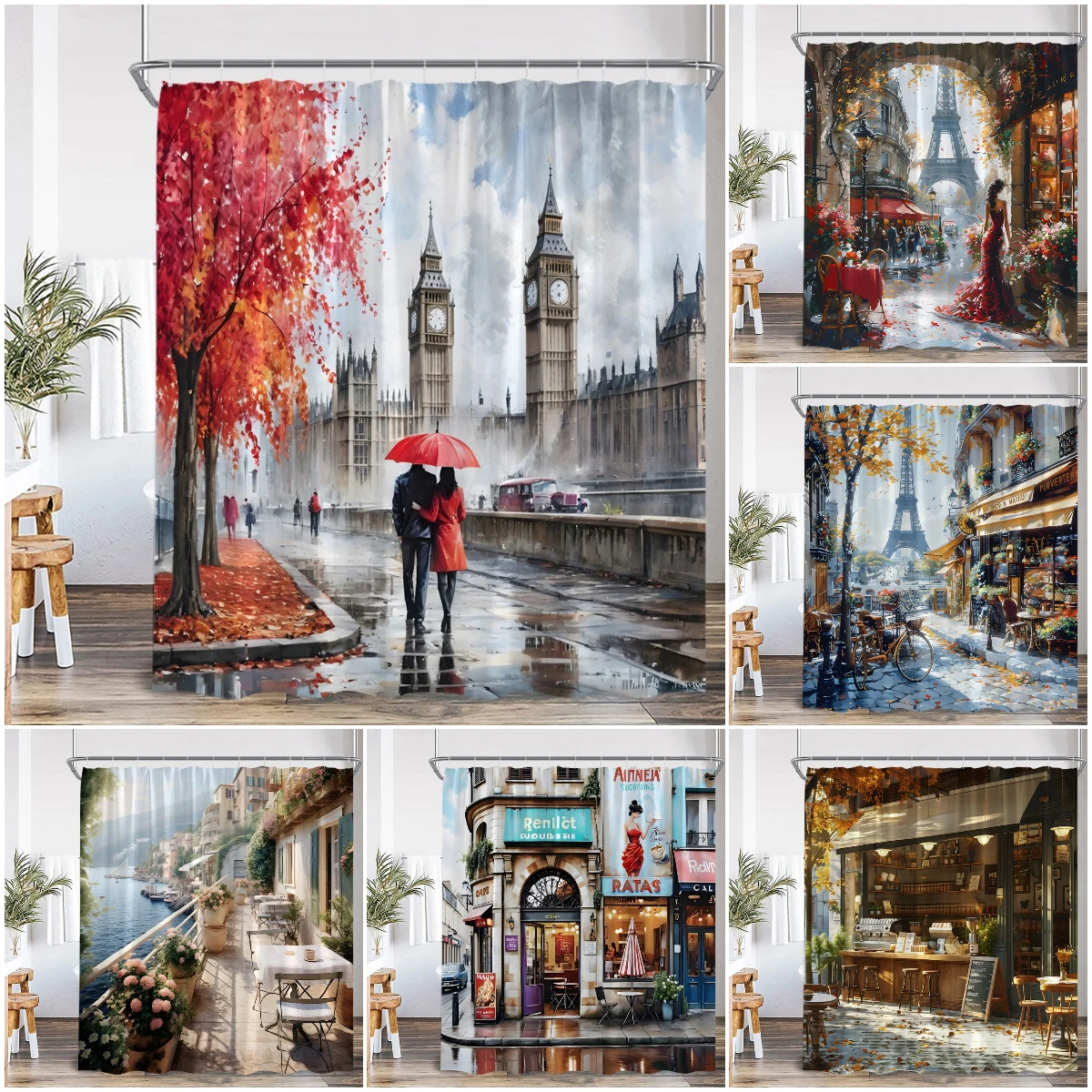 European Cityscape Shower Curtain Oil Painting Europe Street View Eiffel Tower Cafe Shop Modern Bathroom Decor Bathtub Curtain