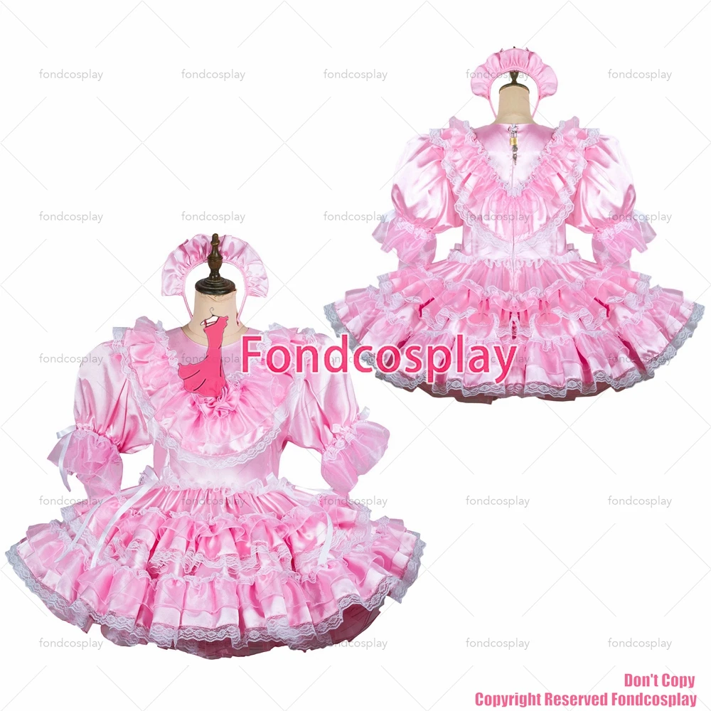 fondcosplay adult sexy cross dressing sissy maid short baby pink satin dress lockable Uniform cosplay costume CD/TV[G2431]