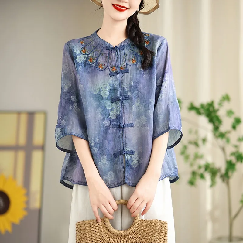 Chinese Style Vintage Print Casual Shirt Women New 2024 Half High Collar Embroidery Loose Female Half Sleeve Tops Shirts B3821