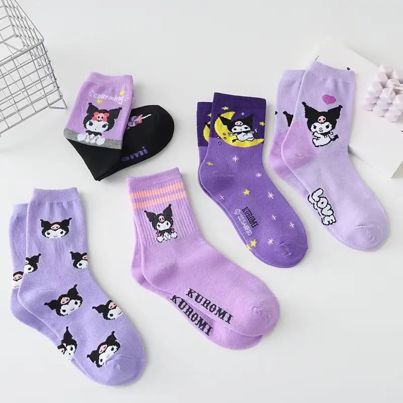 5Pcs Sanrio Four Seasons Female Medium Socks Kawaii Kuromi Cartoon Anti-Slip Anti-Odor Cotton Socks Fashion Household Items New