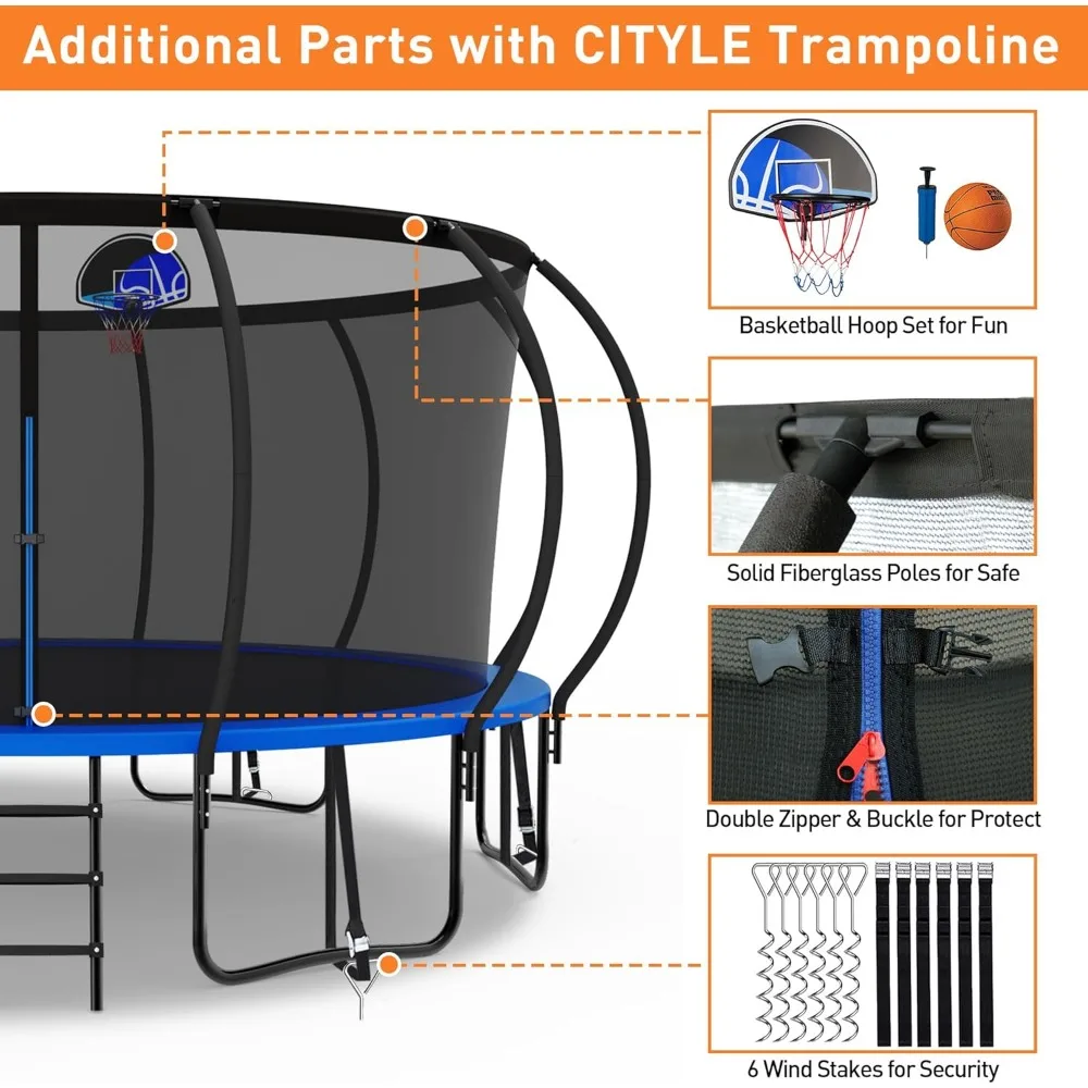 8-FT-Trampolin für Kinder und Erwachsene mit Gehäusenetz, Windpfähle, Basketballkorb, robusten Freizeittranspolinen 1500 Pfund