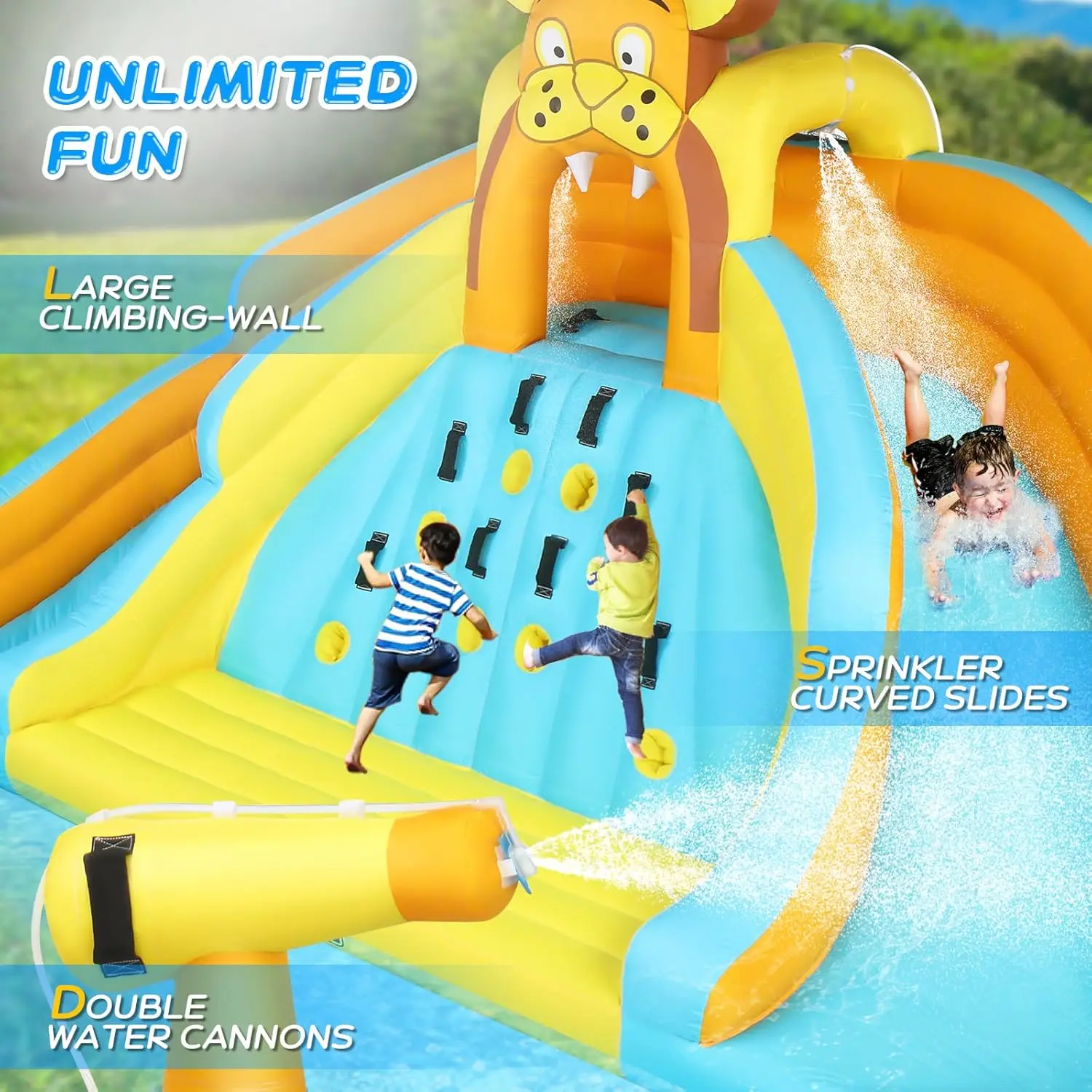 7-in-1 Inflatable Water Slides for Kids Backyard w/2 Slides, Large Climbing Wall, Water Cannons, Sprinklers, 30s Blow Up Water S