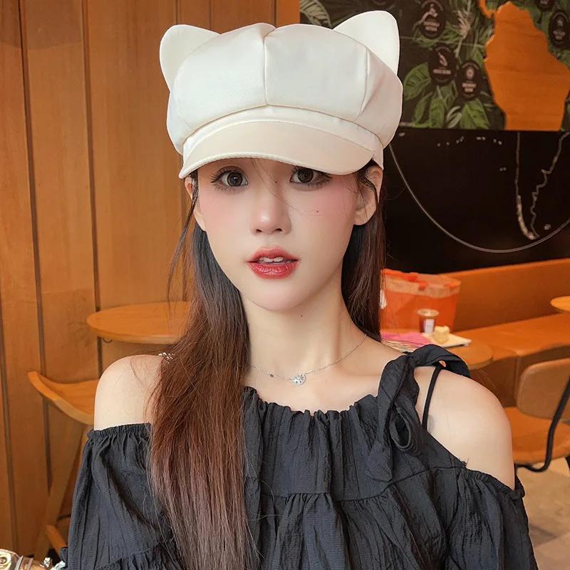 

Pumpkin Shape Beret with Cat Ears Adjustable Octagonal Newsboy Hat Duck Bill Brim for Women Girls Korean