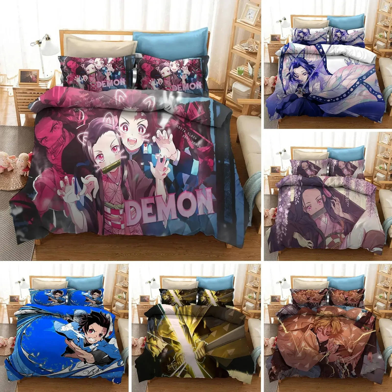 3D Printed Anime Demon Slayer Duvet Cover Nezuko Tanjirou Bedding Set and Double Twin Full Queen King Adult Kids Quilt Cover