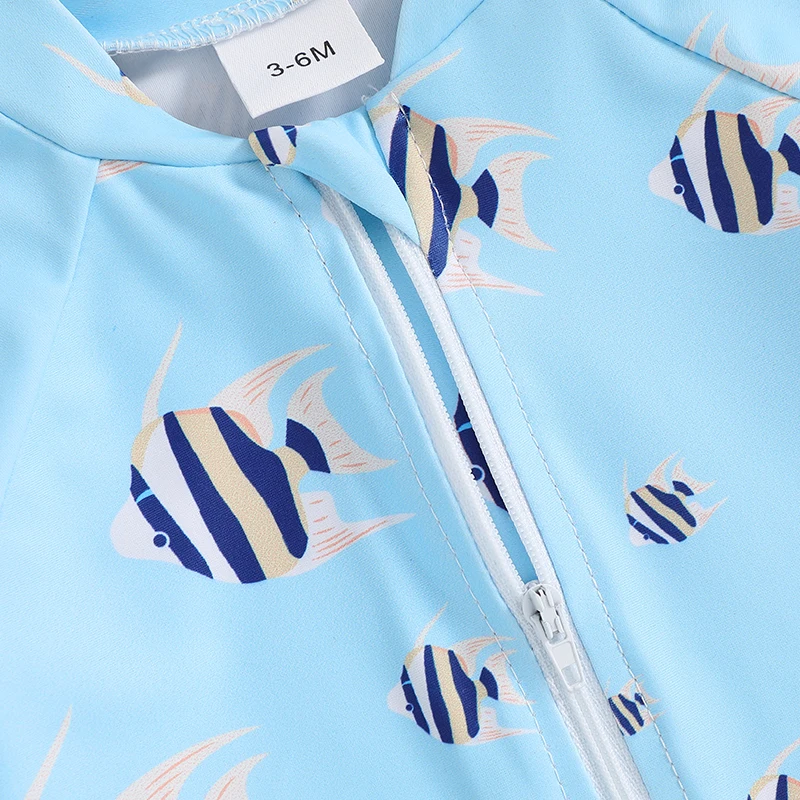 

Baby Boys Swimwear Set with UPF 50 Sun Protection Short Sleeve Rash Guard Bathing Suit with Fish Print and Swim Cap 2 Piece
