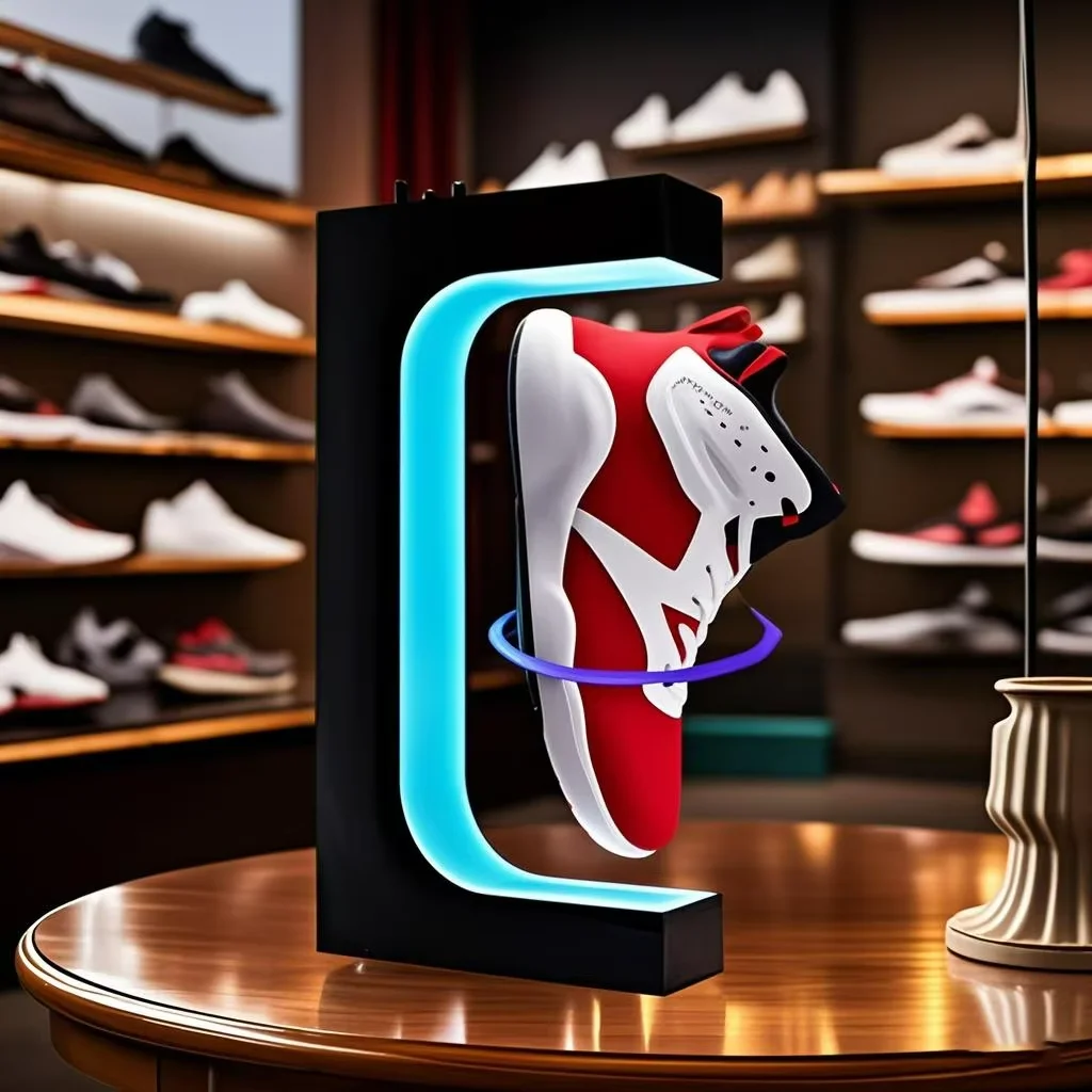 

360 Rotating Exhibition Shoe Store Black Floating Shoe Display Magnetic Levitation Sneaker Stand With LED Light