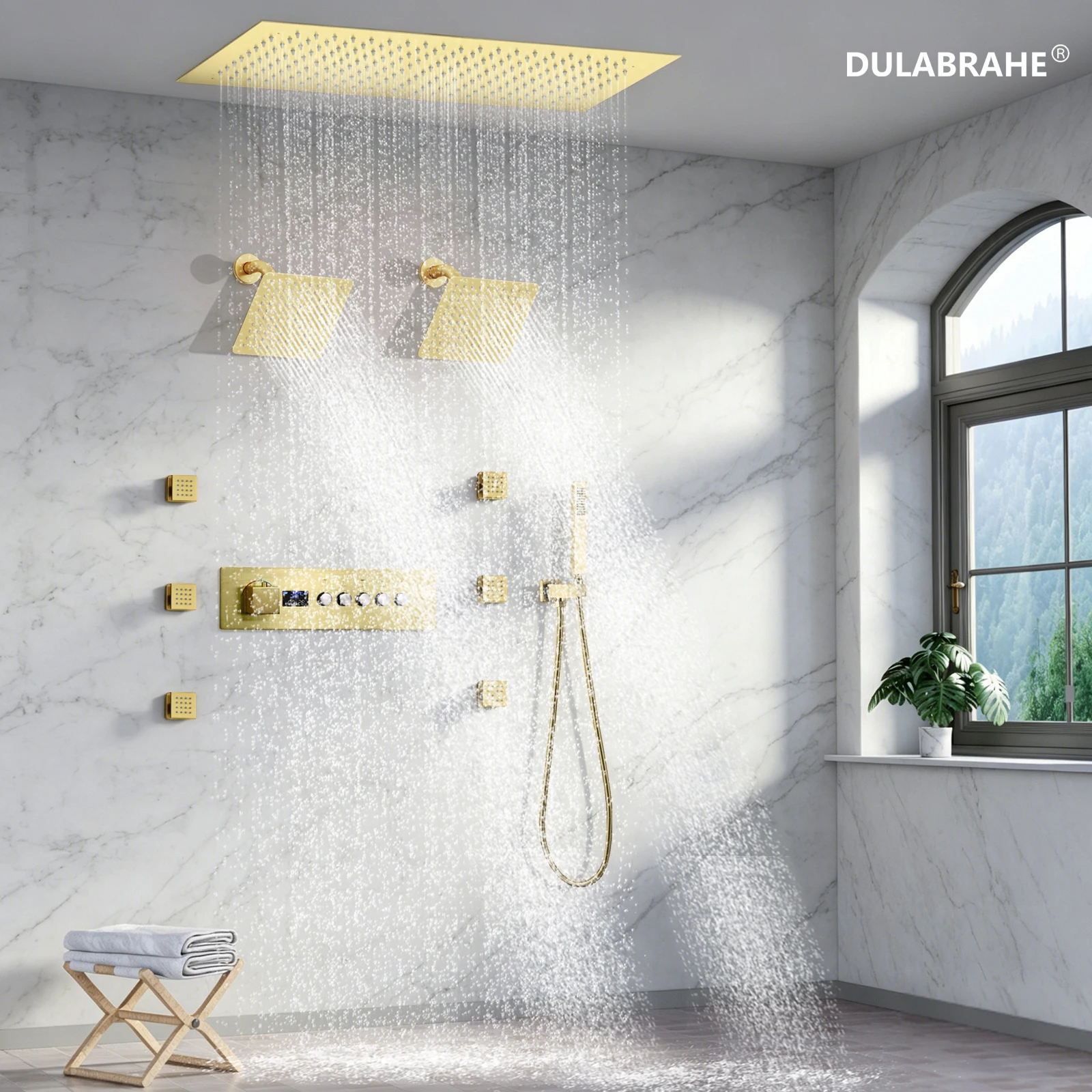 

Ceiling Embedded Rainfall 24*12 Inch Shower System with Double 8-Inch Shower Head Display Thermostatic Shower Faucet Set