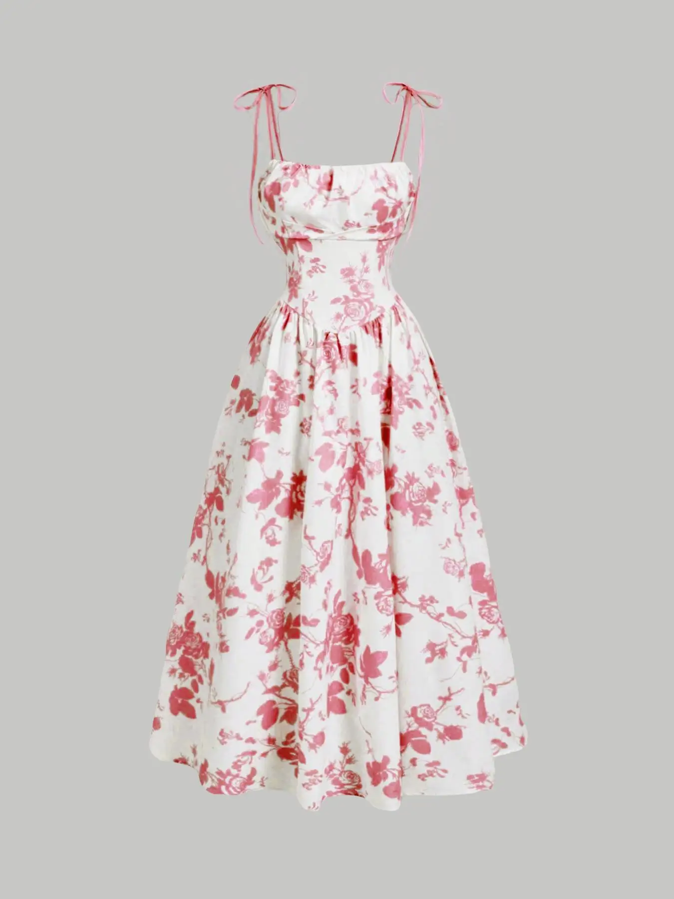 Retro Style Floral Print Bandeau Dress Butterfly Knot Strapless Knee-Length Polyester Fiber Empire Waist Cross-Border New Model