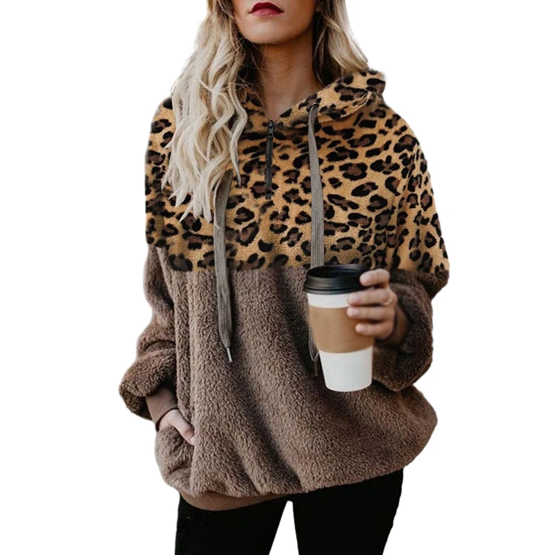 Casual Loose Plush Leopard Patchwork Hoodies Women Zipper Tops Long Sleeve Drawstring Hooded Warm Sweatshirt With Pockets