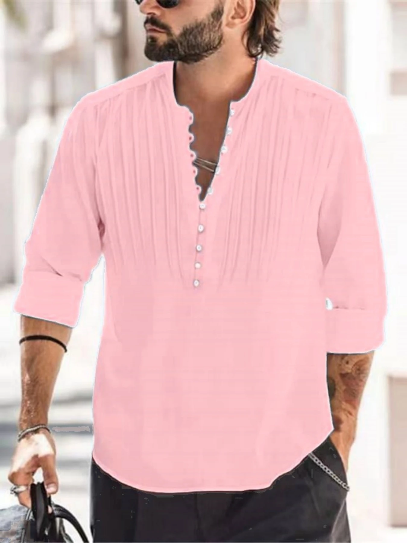 Spring and autumn new style men's casual fashionable long-sleeved shirt, plain color comfortable multi-pleated shirt