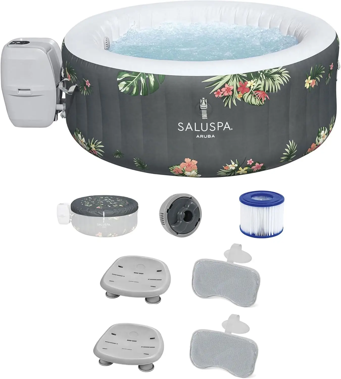 Saluspa Aruba Airjet Inflatable Hot Tub With 110 Soothing Jets, Gray + Spa Seat (2 Pack) + Headrest Pillows (2 Pack)