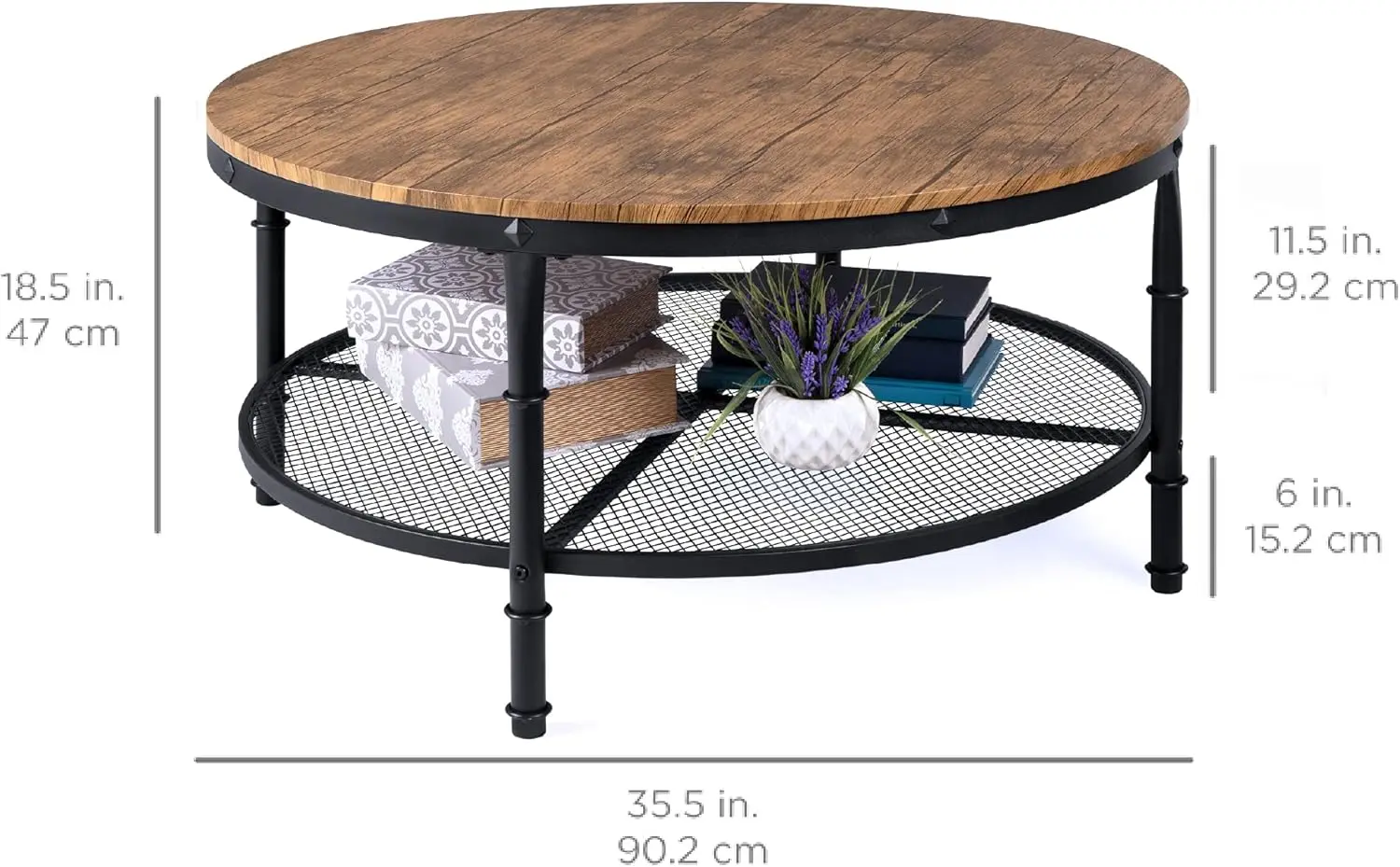 Choice Products 2-Tier 35.5in Round Industrial Coffee Table, Rustic Steel Accent Table for Living Room, w/Wooden Tabletop, Reinf