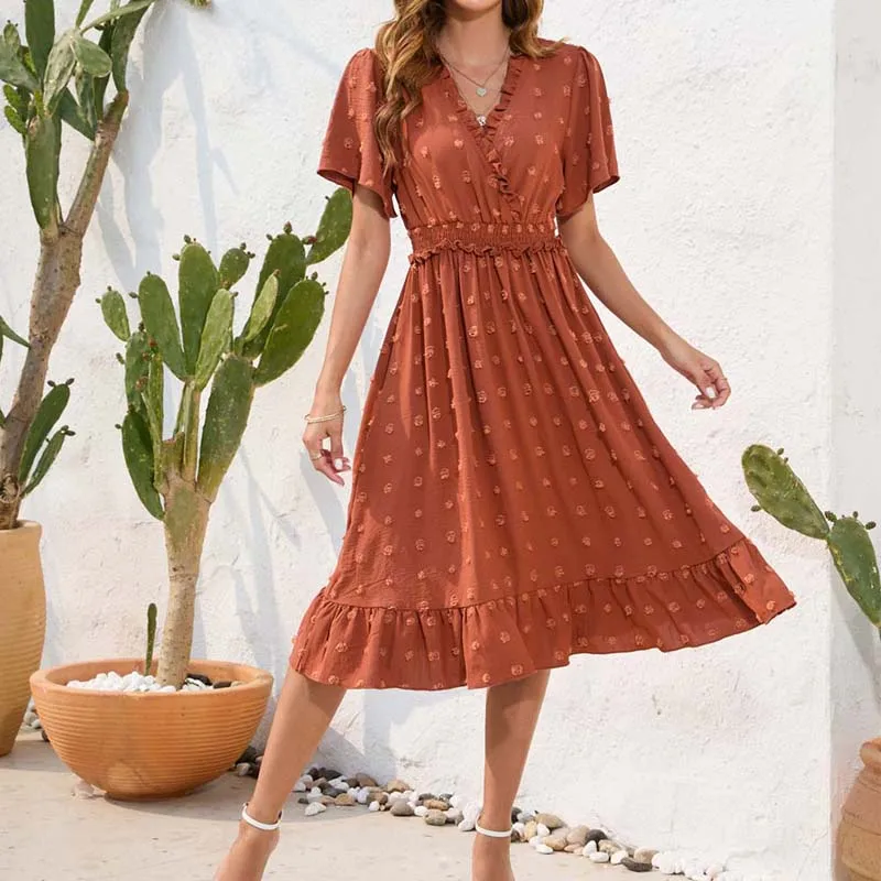 Casual solto feminino verão manga curta vestido longo elegante plissado praia vestido de verão sexy dot em camadas sólido decote em v maxi vestidos