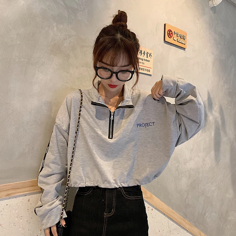 MEXZT Harajuku Hoodies Women Y2K Street Zipper Crop Sweatshirt Black Long Sleeve Loose Pullover Fashion Simple Elastic Waist Top