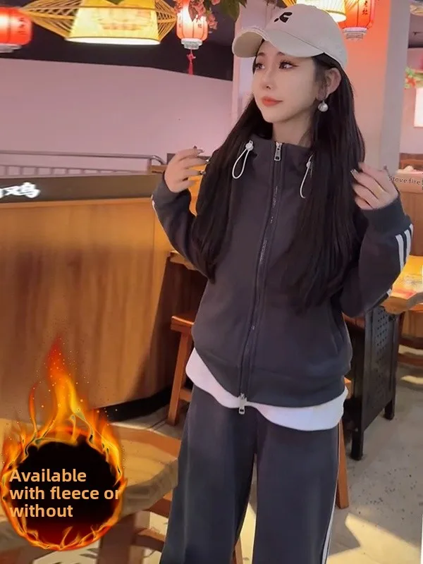 

Winter Casual Sportswear Set Women's Fashion Anti-Aging Fleece Jacket Top Wide Leg Pants Two-Piece Set Brand La La Yishang
