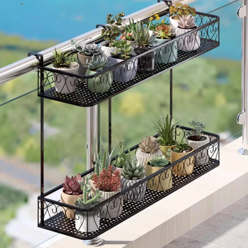 Multi-Tier Plant Stand for Balcony Hanging Flower Shelf Space-Saving Window Rail Planter Holder Iron Display Rack for Pots