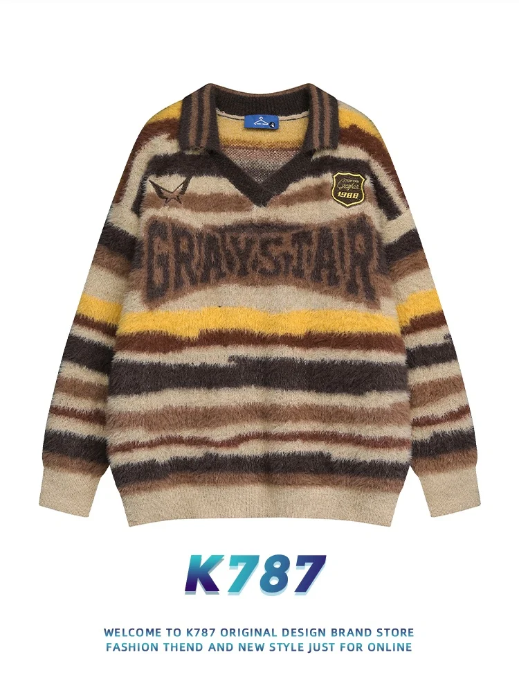 

K787 Американский ретро-свитер в полоску с V-образным вырезом, унисекс, спортивный, винтажный, в университетском стиле, для пар, свободного кроя, с принтом, длинный рукав