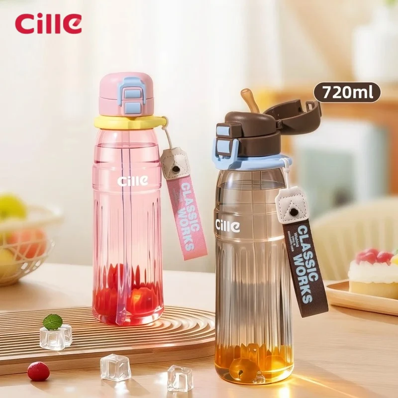 Cille 720ML Water Bottles Tritan Pop-up Lid Straw Cup with Lanyard Summer Portable Cold Drink Water Tumbler Outdoor Travel Mugs